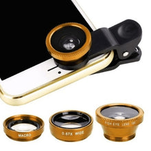 Load image into Gallery viewer, 3-in-1 Wide Angle Macro Fisheye Lens Camera Kits Mobile Phone Fish Eye Lenses with Clip 0.67x for iPhone Samsung All Cell Phones