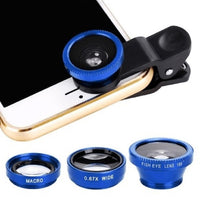 Load image into Gallery viewer, 3-in-1 Wide Angle Macro Fisheye Lens Camera Kits Mobile Phone Fish Eye Lenses with Clip 0.67x for iPhone Samsung All Cell Phones