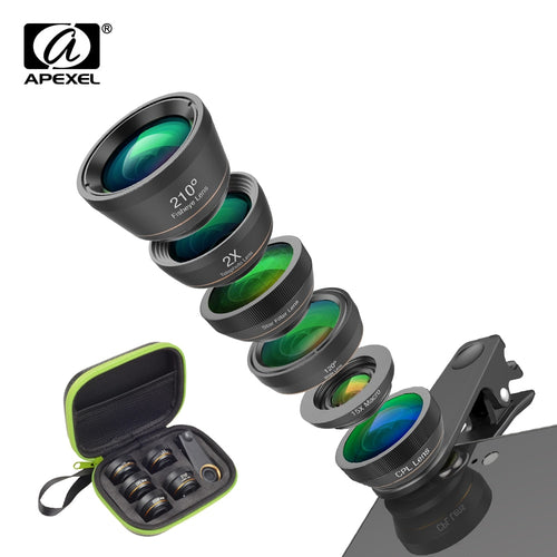 APEXEL Universal 6 in 1 Phone Camera Lens Fish Eye Lens Wide Angle macro Lens CPL/Star Filter 2X tele for almost all smartphones